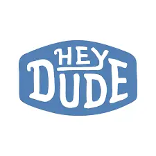 The text 'Hey Dude' in a bold, stylized font against a light blue background
